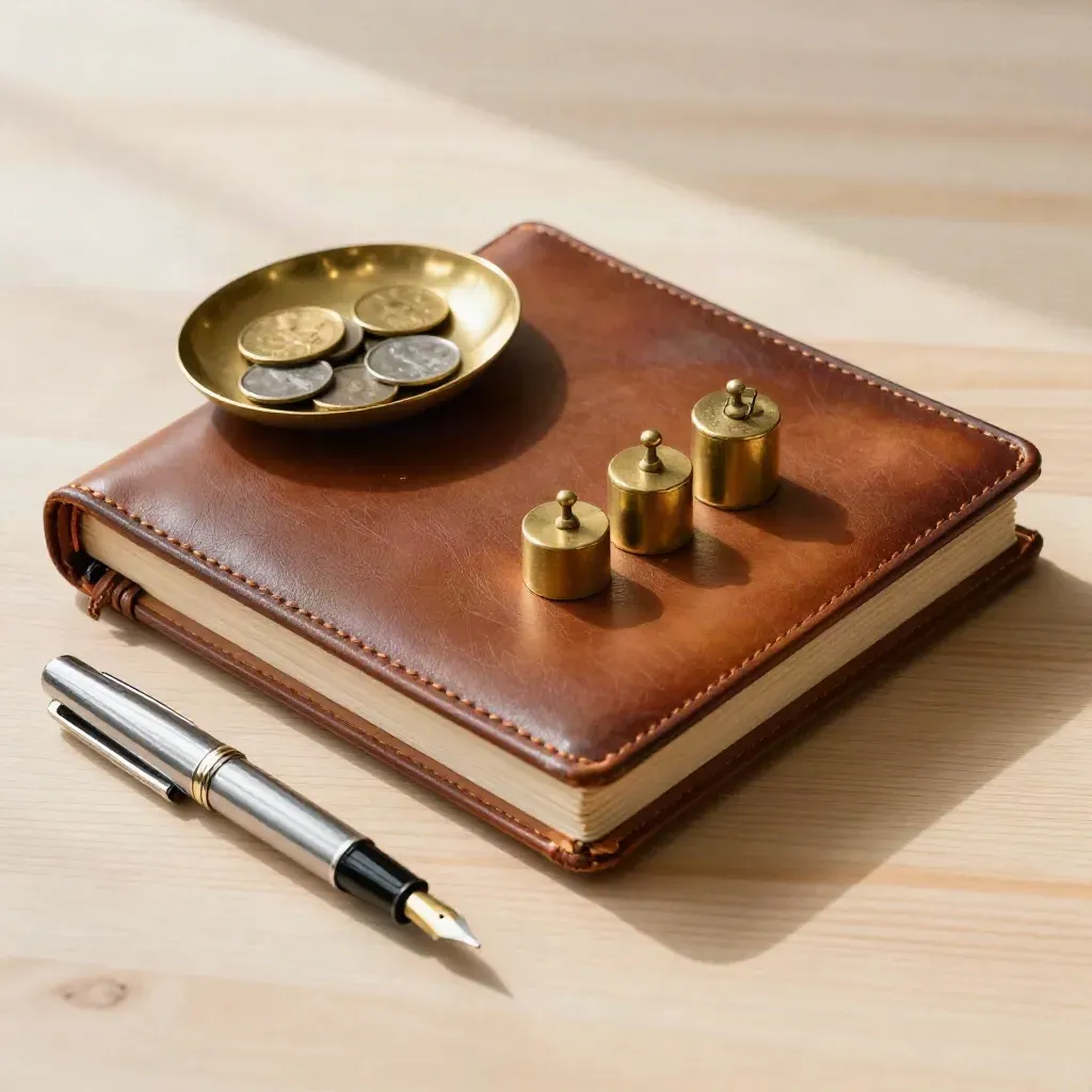 Overhead still life of ledger book, brass weights, coin tray, and pen cap on pale oak.
