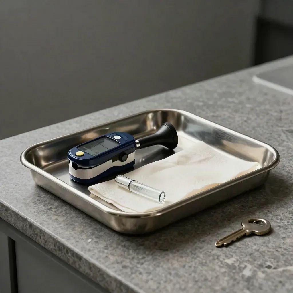Medical diagnostic tray with otoscope heads, pulse oximeter clip, ampoule, and gauze on stone