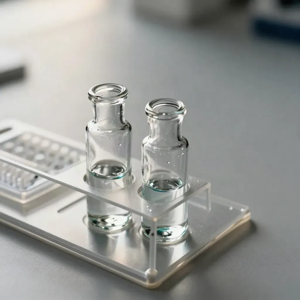 Macro lab still life with vial rack, clear droplet, pipette tips and microplate corner.