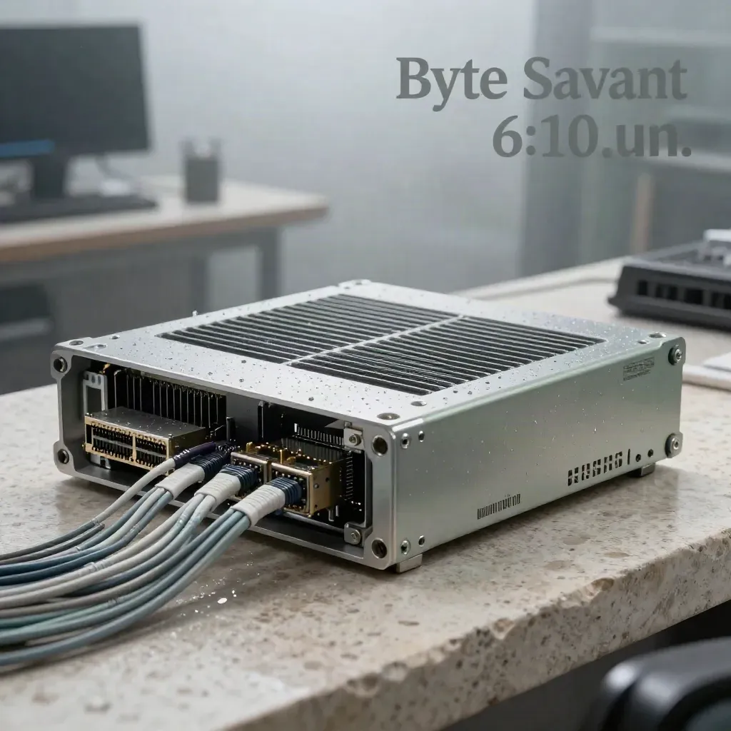 Aluminum server chassis with fiber bundles and SFP modules on pale stone in misty rim light