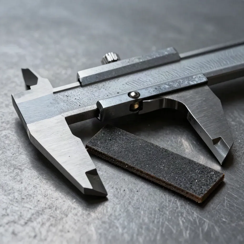 Extreme macro of steel caliper, forged offcut and abrasive pad on a brushed metal slab.