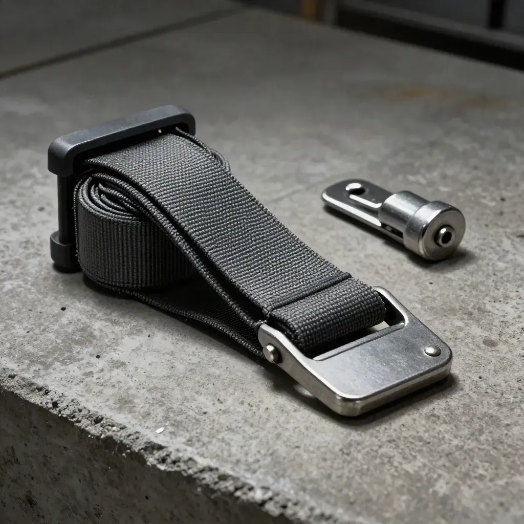 Freight strap still life with buckle, corner protectors, steel seal and coiled webbing on concrete.