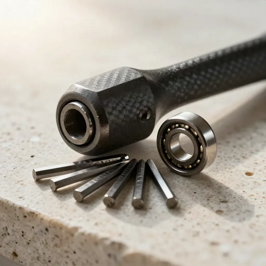 Macro still life of a torque wrench head, hex keys, bearing race and carbon-fiber offcut on pale travertine.