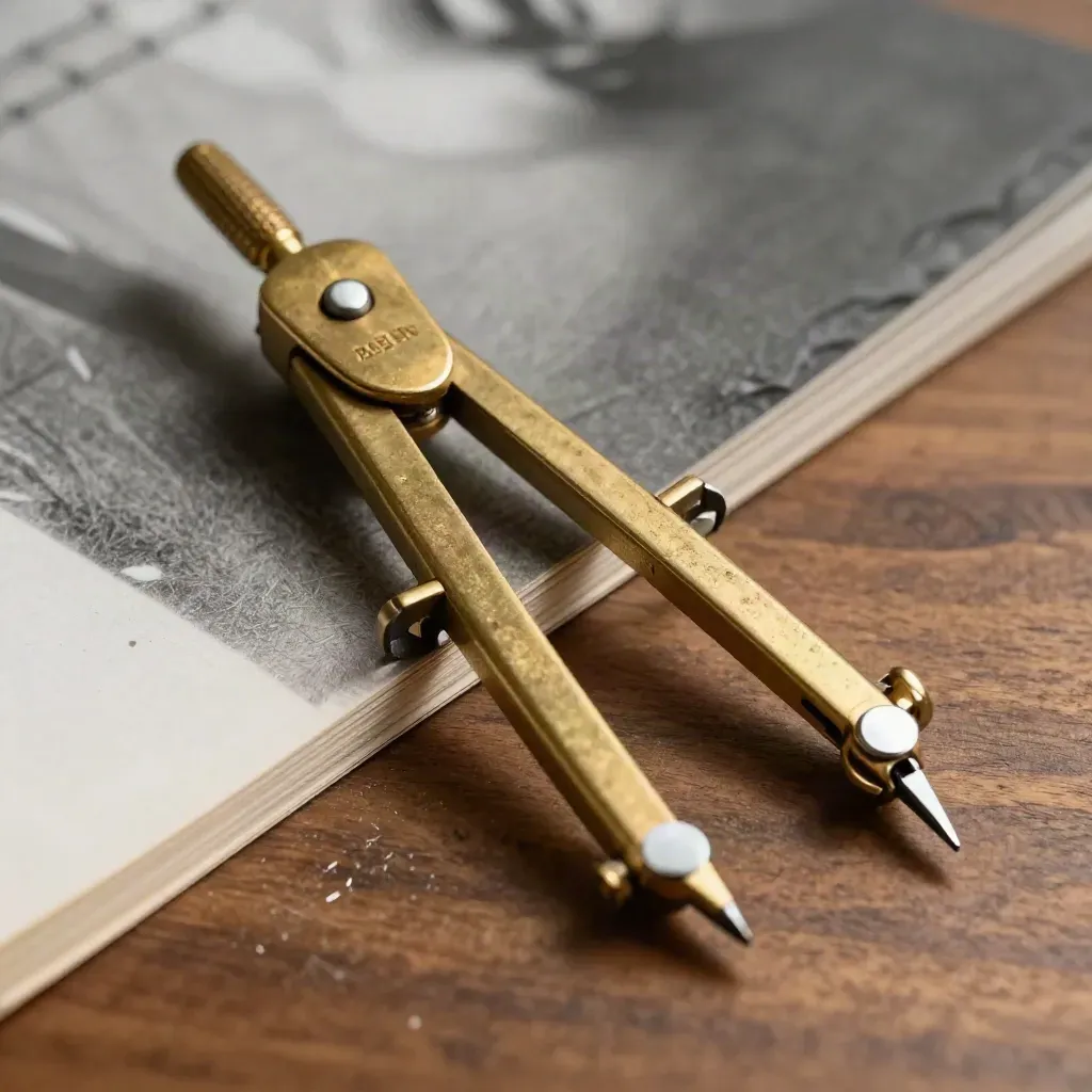 Brass drafting compass with steel weights and folded card on walnut surface, top-down macro.