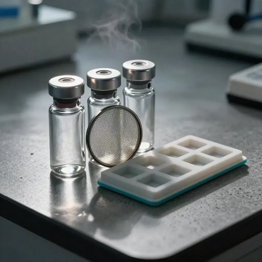 Glass vials, a mesh filter disk, and a silicon chip tray on dark concrete.