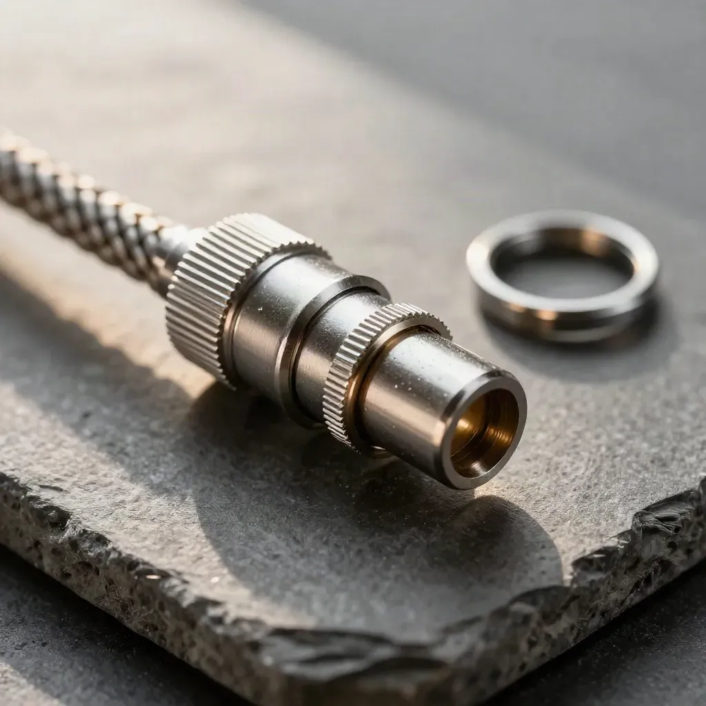 Macro of a silver cable coupler and braided patch connectors on graphite stone