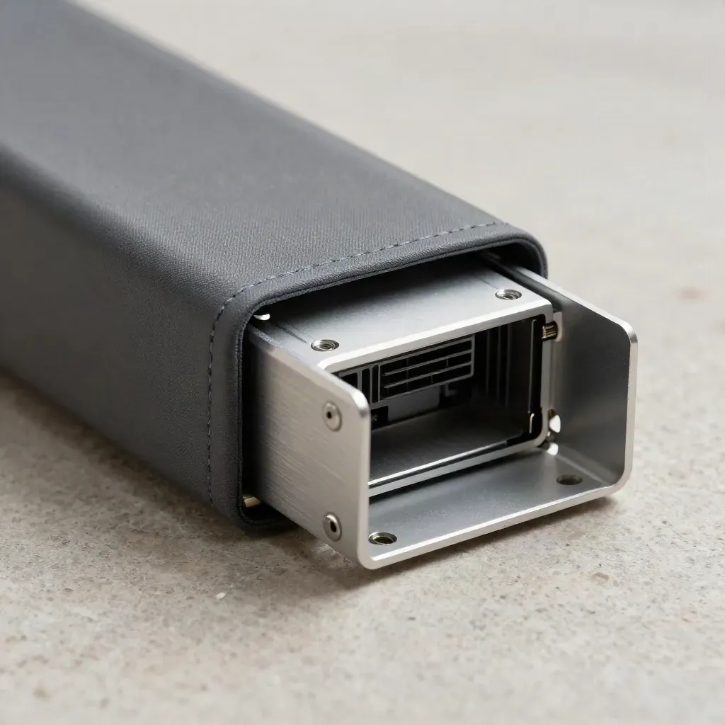 Macro of a drive caddy, anti-static sleeve, and server rail bracket on pale stone.