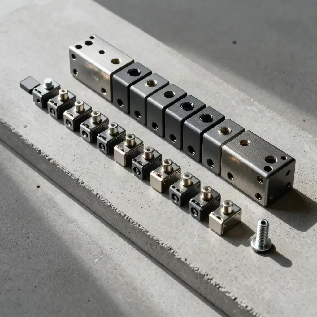 Relay switch module, linked clips, and miniature toggles on cool concrete, shot straight down.