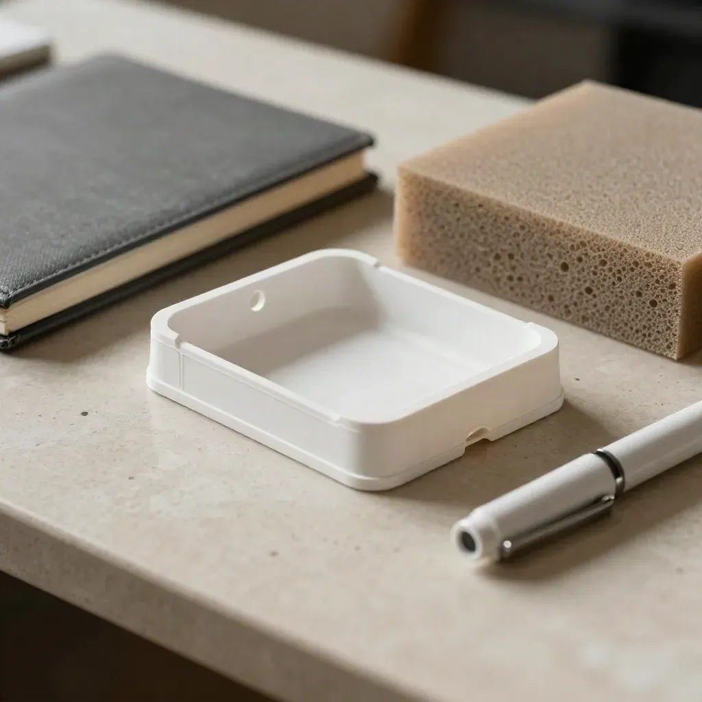 Macro of a prototype enclosure, foam mockup, closed notebook and pen cap on a stone workbench.