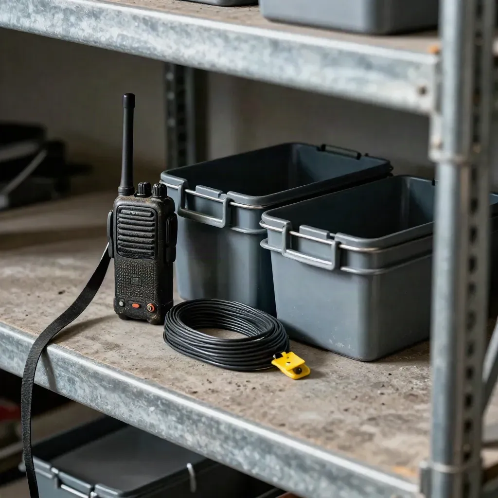 Radio, cable ties, lockout tag, and storage bins on a dusty warehouse bench