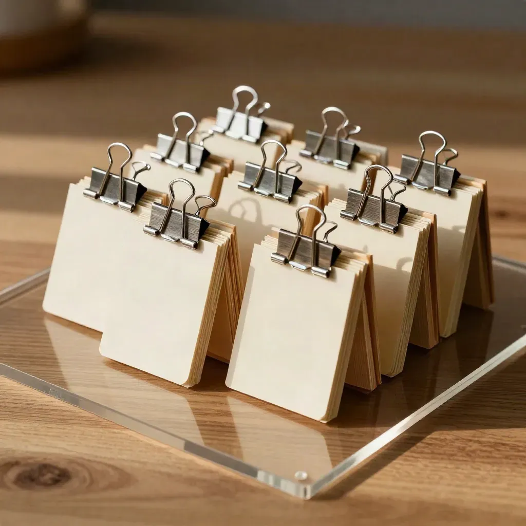 Top-down roadmap still life of planning blocks, cards, and binder clips behind acrylic