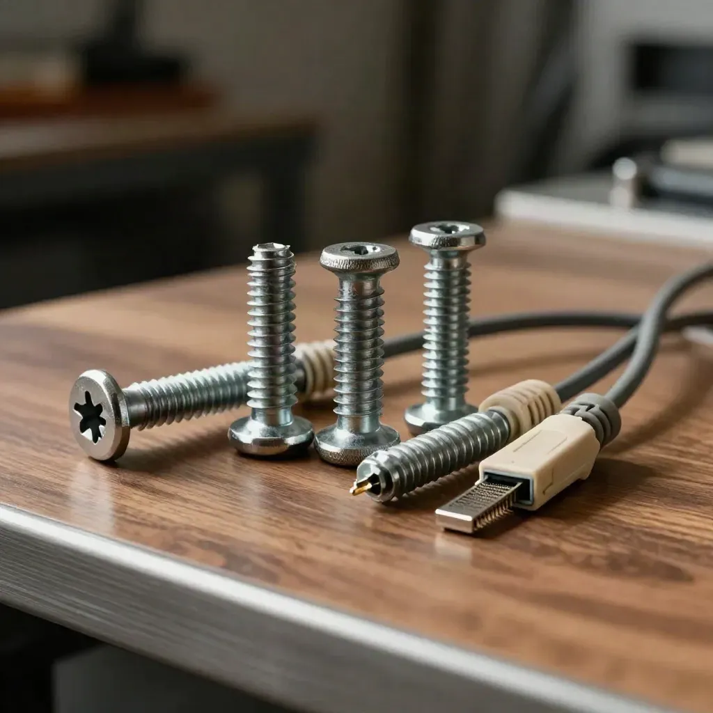 Rack screws, fiber patch cords, an SFP module and a cable comb on a warm walnut surface.