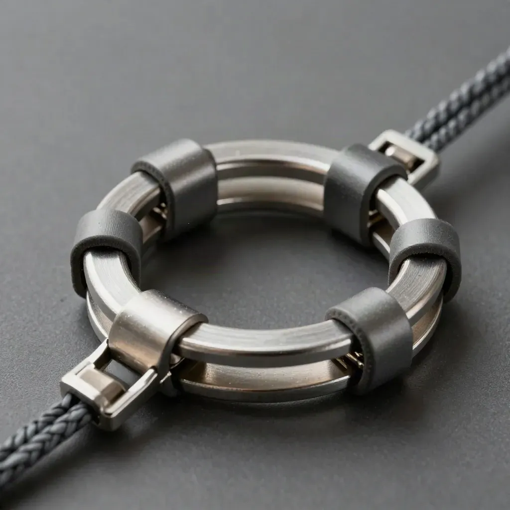 Linked cable rings and clips on brushed metal, dramatic studio light.