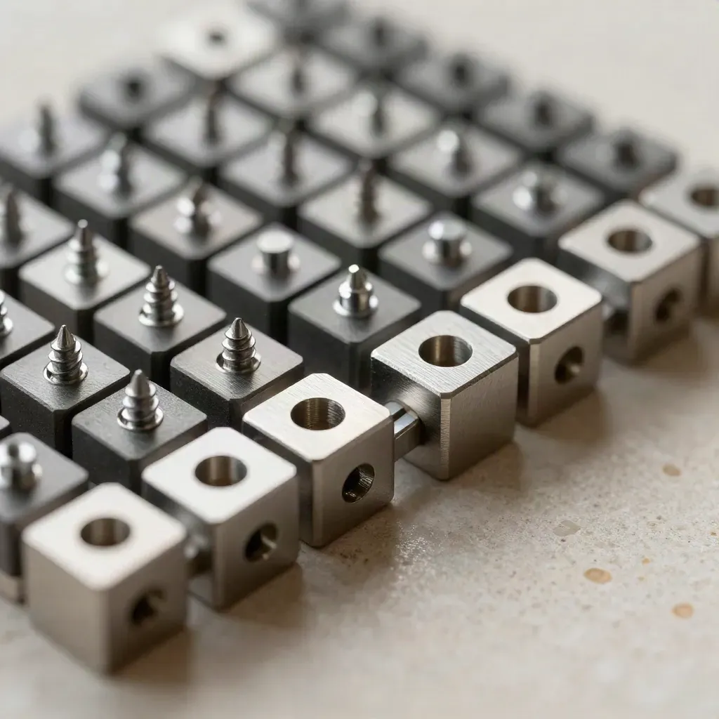 Macro still life of modular metal blocks, hex standoffs and screw posts on stone
