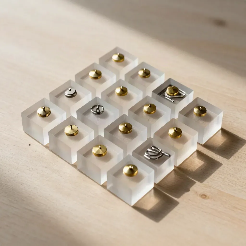 Top-down still life of frosted cubes, brass pins, tabs, and paper clips on pale wood.