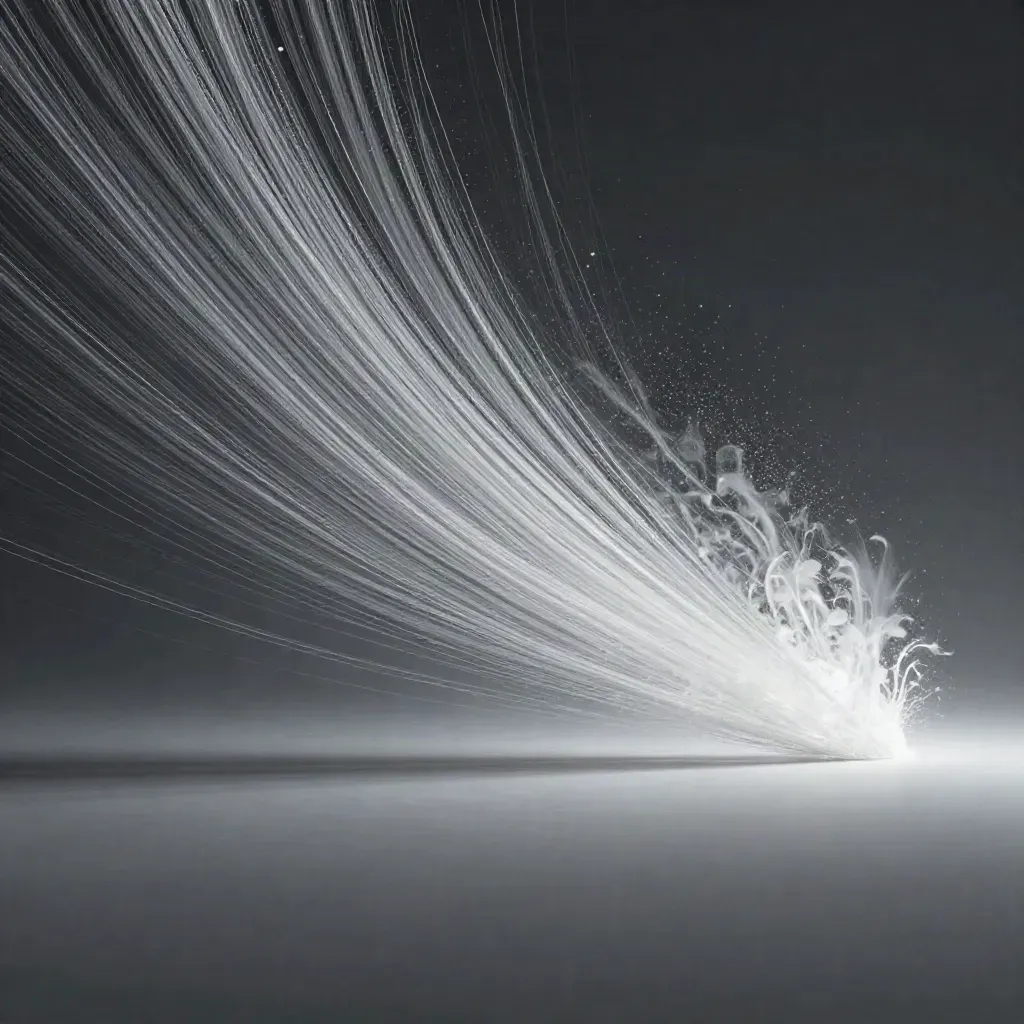 Silver filaments converge in a dark void with a soft off-centre bloom and drifting motes