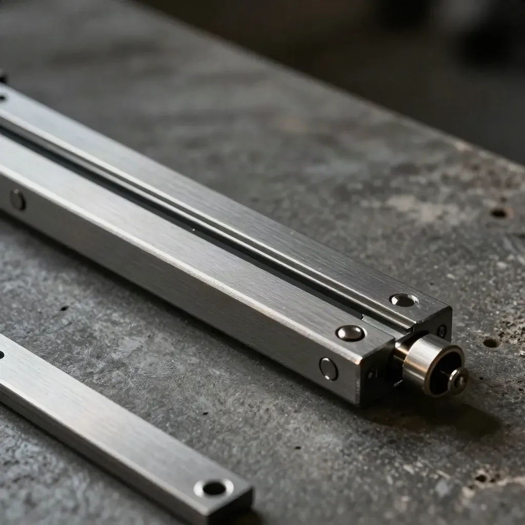 Steel brackets, drawer rail, and lock pin on slate concrete in dramatic studio light.